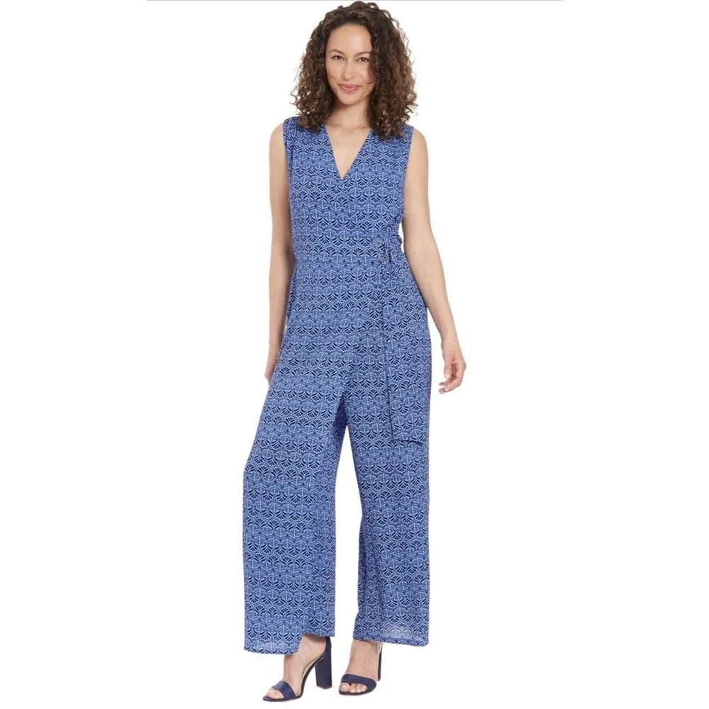 London Times Blue Tropical Leaves Print Halter Wide Leg Jumpsuit